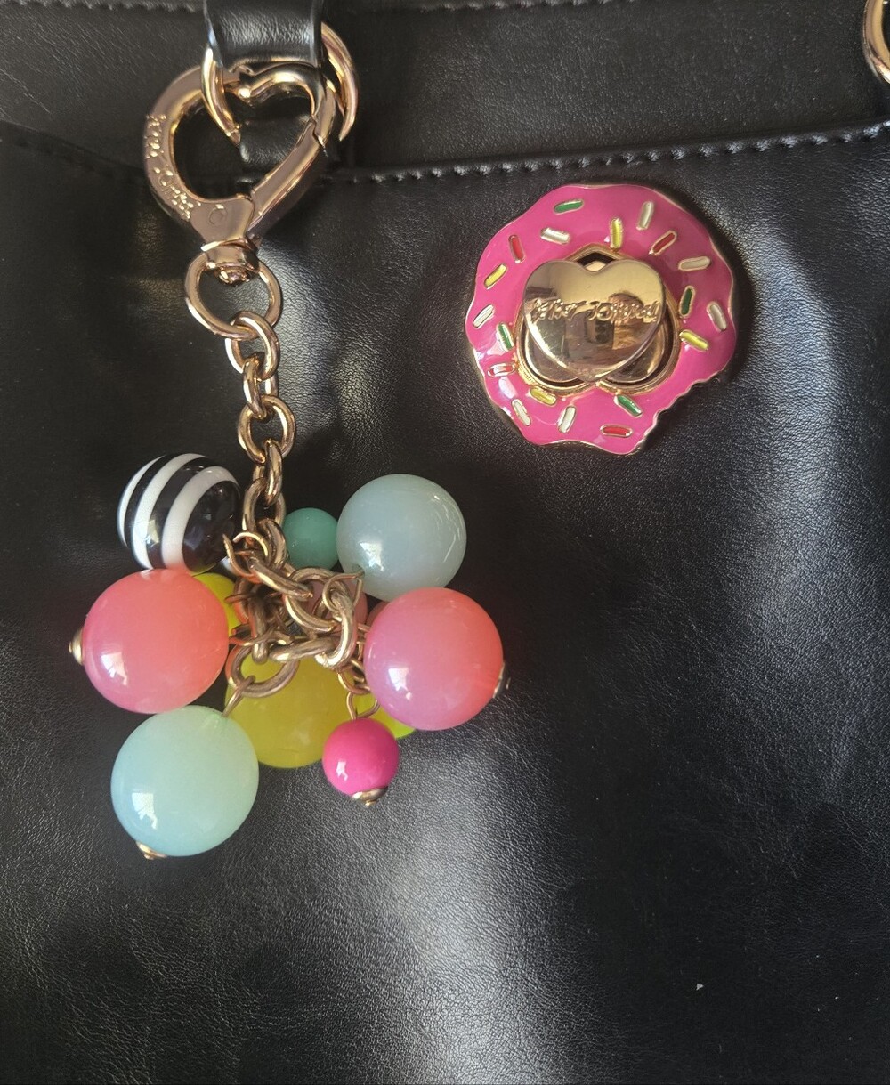 Betsey Johnson Black Satchel with Pink Donut Accent and Colorful Charm - Picture 4 of 5